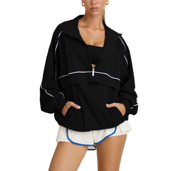 SKU_黑色 Casual Zip-Up Long Sleeve Set with Shorts